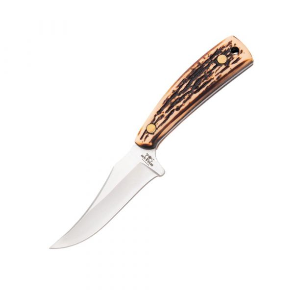 Bear & Son Upswept Skinner Fixed Knife 3-1/8" Clip Point Blade Stag Delrin with Leather Sheath